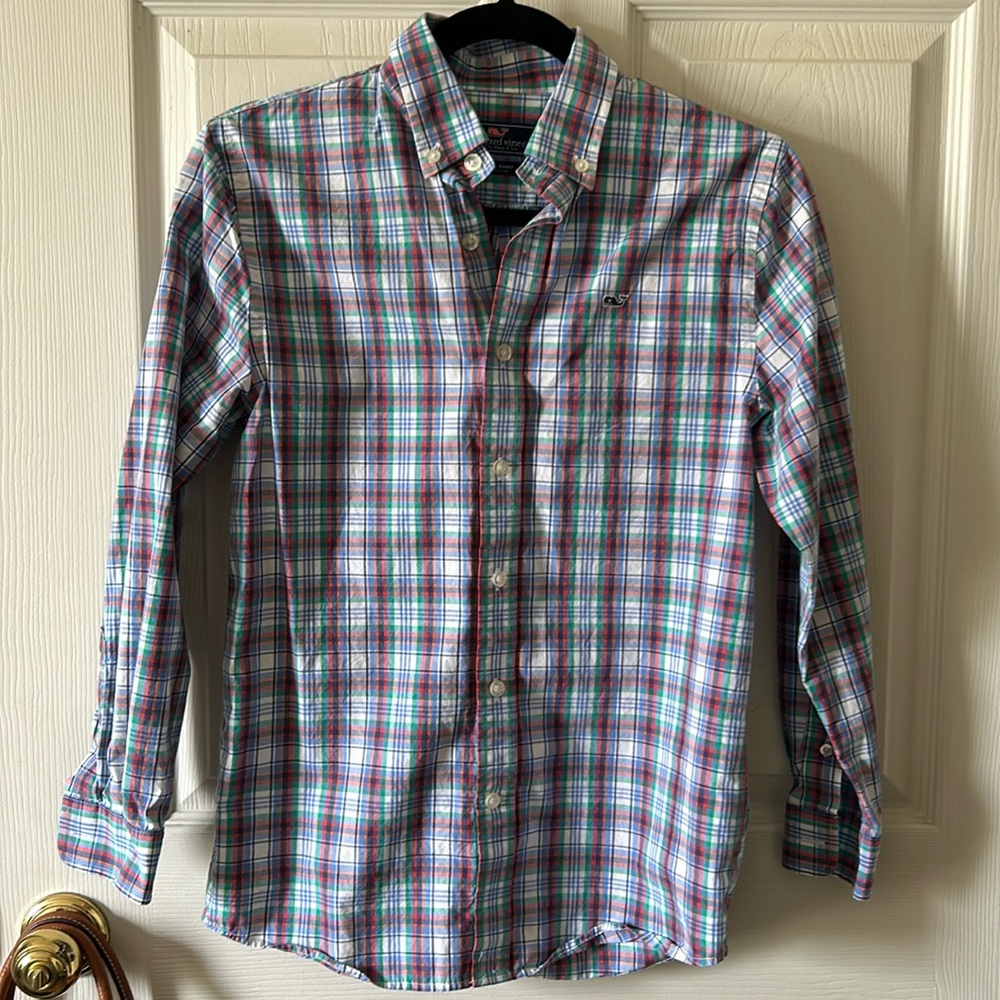 Vineyard Vines Boys Plaid Performance Whale Button Down Shirt Size‎ Med (12-14)